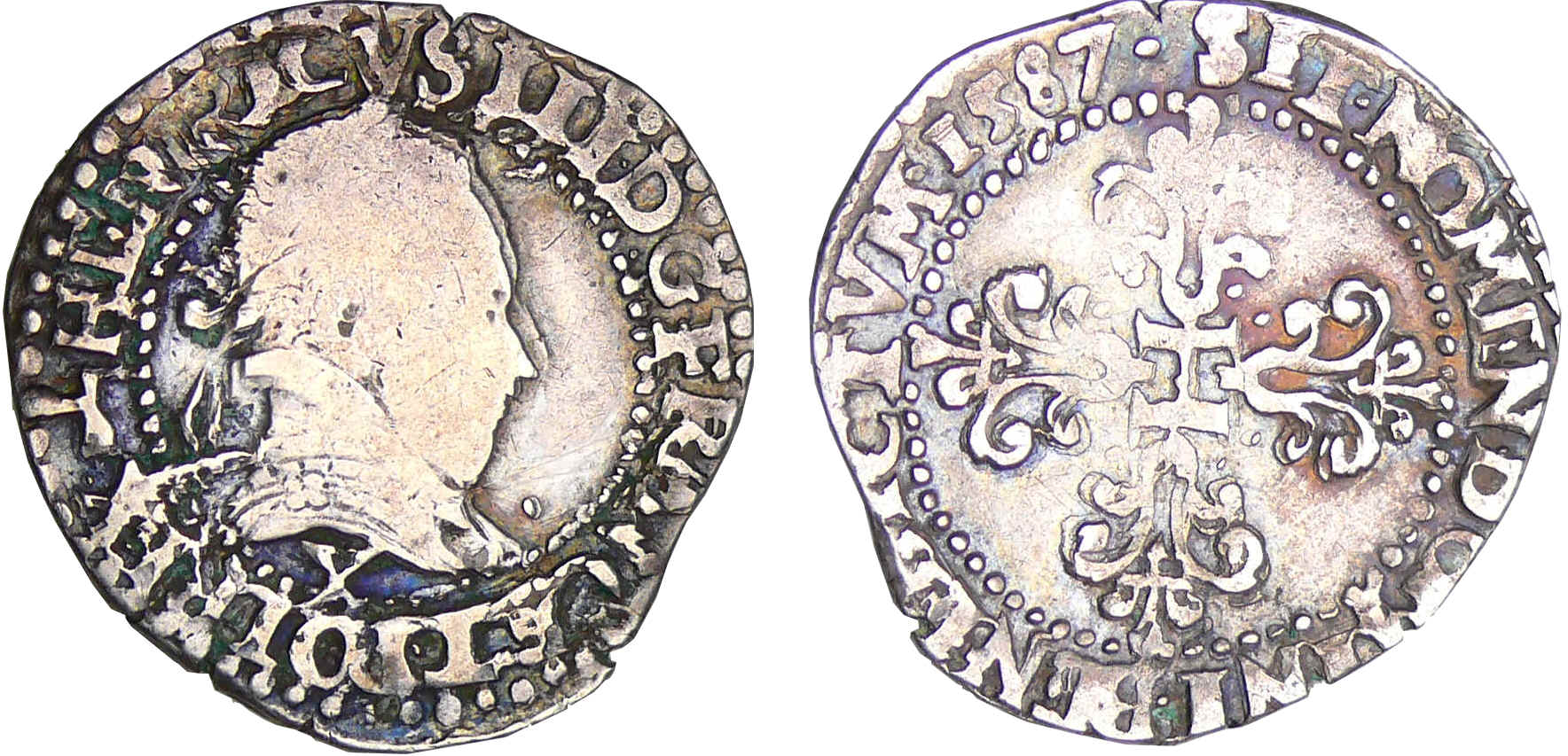 Henri III (1574-1589) - Quart de franc au col plat - 1587 X (Amiens) Henri III (1574-1589) - Quart de franc au col plat - 1587 X (Amiens)