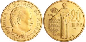 Monaco - Rainier III - 20 centimes 1962 - Essai en or Monaco - Rainier III - 20 centimes 1962 - Essai en or