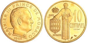 Monaco - Rainier III - 10 centimes 1962 - Essai en or Monaco - Rainier III - 10 centimes 1962 - Essai en or