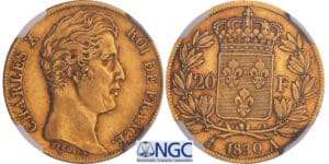 20 francs Charles X - 2ème type 1830 A (Paris) tranche cannelée 20 francs Charles X - 2ème type 1830 A (Paris) tranche cannelée