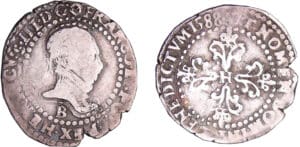 Henri III (1574-1589) - Quart de franc au col plat - 1588 B (Rouen) Henri III (1574-1589) - Quart de franc au col plat - 1588 B (Rouen)