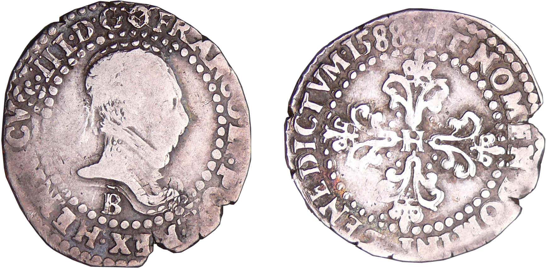 Henri III (1574-1589) - Quart de franc au col plat - 1588 B (Rouen) Henri III (1574-1589) - Quart de franc au col plat - 1588 B (Rouen)