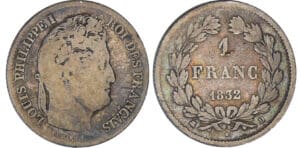 Louis-Philippe Ier (1830-1848) - 1 franc tête laurée 1832 D (Lyon) Louis-Philippe Ier (1830-1848) - 1 franc tête laurée 1832 D (Lyon)