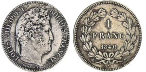 Louis-Philippe Ier (1830-1848) - 1 franc tête laurée 1840 BB (Strasbourg) Louis-Philippe Ier (1830-1848) - 1 franc tête laurée 1840 BB (Strasbourg)