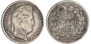 Louis-Philippe Ier (1830-1848) - 1/2 franc 1837 BB (Strasbourg) Louis-Philippe Ier (1830-1848) - 1/2 franc 1837 BB (Strasbourg)