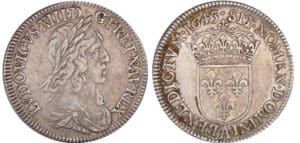 Louis XIII (1610-1643) - ¼ d'écu du 2ème poinçon de Warin - 1643 A (Paris) point avec baies Louis XIII (1610-1643) - ¼ d'écu du 2ème poinçon de Warin - 1643 A (Paris) point avec baies