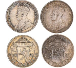 Chypre - lot de 2 monnaies de 9 piastres 1919 et 1921 Chypre - lot de 2 monnaies de 9 piastres 1919 et 1921