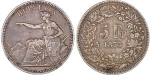 Suisse - 5 francs 1874 B. (Bruxelles)