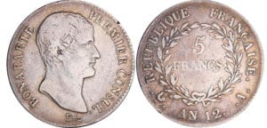 Bonaparte premier consul (1799-1804) - 5 francs An 12 A (Paris) Bonaparte premier consul (1799-1804) - 5 francs An 12 A (Paris)