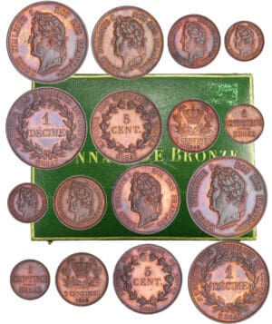Louis-Philippe Ier (1830-1848) - Coffret contenant la série Piéfort et normal des décimes, 5 ctes, 2 ctes et 1 cte 1840 essai Louis-Philippe Ier (1830-1848) - Coffret contenant la série Piéfort et normal des décimes, 5 ctes, 2 ctes et 1 cte 1840 essai