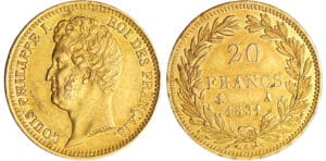 Louis-Philippe Ier (1830-1848) - 20 francs tête nue tranche en relief 1831 A (Paris) Louis-Philippe Ier (1830-1848) - 20 francs tête nue tranche en relief 1831 A (Paris)