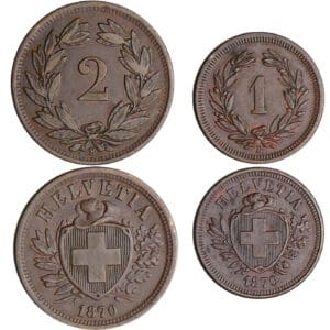 Suisse - lot de 2 monnaies de 2 rappen 1870 et 1 rappen 1870