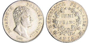 Napoléon 1er (1804-1814) - 1/2 franc An 12 MA (Marseille) Napoléon 1er (1804-1814) - 1/2 franc An 12 MA (Marseille)