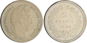 Louis-Philippe Ier (1830-1848) - 2 francs 1844 B (Rouen) essai de frappe sur un flan en carton Louis-Philippe Ier (1830-1848) - 2 francs 1844 B (Rouen) essai de frappe sur un flan en carton