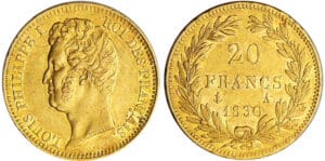 Louis-Philippe Ier (1830-1848) - 20 francs tête nue tranche en relief 1830 A (Paris) Louis-Philippe Ier (1830-1848) - 20 francs tête nue tranche en relief 1830 A (Paris)