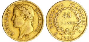 Napoléon 1er (1804-1814) - 40 francs revers république 1808 H (La Rochelle) Napoléon 1er (1804-1814) - 40 francs revers république 1808 H (La Rochelle)
