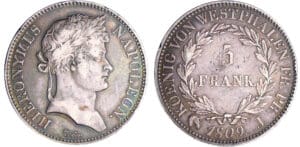 Allemagne - Westphalie - Jérome Napoléon - 5 frank 1809 J (Cassel)