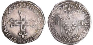 Louis XIII (1610-1643) - ¼ d'écu à la croix fleurdelisée, avers côté croix - 1613 9 (Rennes)