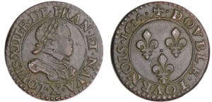 Louis XIII (1610-1643) - Double tournois au buste enfantin et col plat - 1614 X (Amiens)