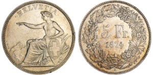 Suisse - 5 francs 1874 B. (Bruxelles)