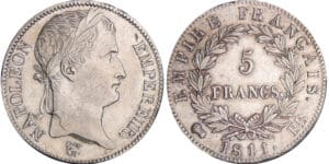 Napoléon 1er (1804-1814) - 5 francs revers empire 1811 BB (Strasbourg) Napoléon 1er (1804-1814) - 5 francs revers empire 1811 BB (Strasbourg)