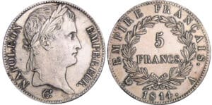 Napoléon 1er (1804-1814) - 5 francs revers empire 1814 A (Paris) Napoléon 1er (1804-1814) - 5 francs revers empire 1814 A (Paris)