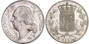 Louis XVIII (1815-1824) - 5 francs au buste nu 1822 A (Paris)