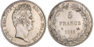 Louis-Philippe Ier (1830-1848) - 5 francs tête nue tranche en relief 1831 B (Rouen) Louis-Philippe Ier (1830-1848) - 5 francs tête nue tranche en relief 1831 B (Rouen)