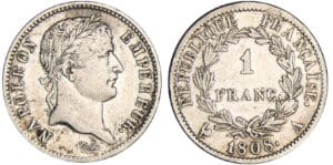 Napoléon 1er (1804-1814) - 1 franc revers république 1808 A (Paris) Napoléon 1er (1804-1814) - 1 franc revers république 1808 A (Paris)