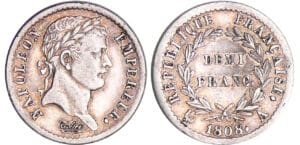 Napoléon 1er (1804-1814) - 1/2 franc revers république 1808 A (Paris) Napoléon 1er (1804-1814) - 1/2 franc revers république 1808 A (Paris)
