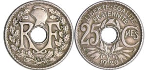 Troisième République (1871-1940) - 25 centimes Lindauer - 1920 avec la tranche cannelée