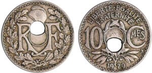 Troisième République (1871-1940) - 10 centimes Lindauer 1929 trou décalé Troisième République (1871-1940) - 10 centimes Lindauer 1929 trou décalé