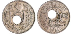 Troisième République (1871-1940) - 5 centimes Lindauer Petit module 1936 trou décalé Troisième République (1871-1940) - 5 centimes Lindauer Petit module 1936 trou décalé