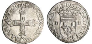 Louis XIII (1610-1643) - ¼ d'écu à la croix fleurdelisée, avers côté croix - 1642 L (Bayonne)