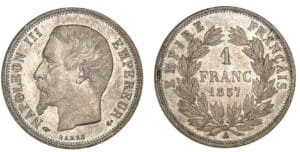 1 franc Napoléon III tête nue 1857 A (Paris) 1 franc Napoléon III tête nue 1857 A (Paris)