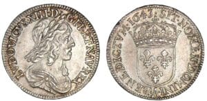 Louis XIII - Quart d'écu 2ème poinçon 1643 . A (Paris) Louis XIII - Quart d'écu 2ème poinçon 1643 . A (Paris)
