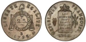 2 sols aux balances An II 1793 B (Rouen) - Refrappe