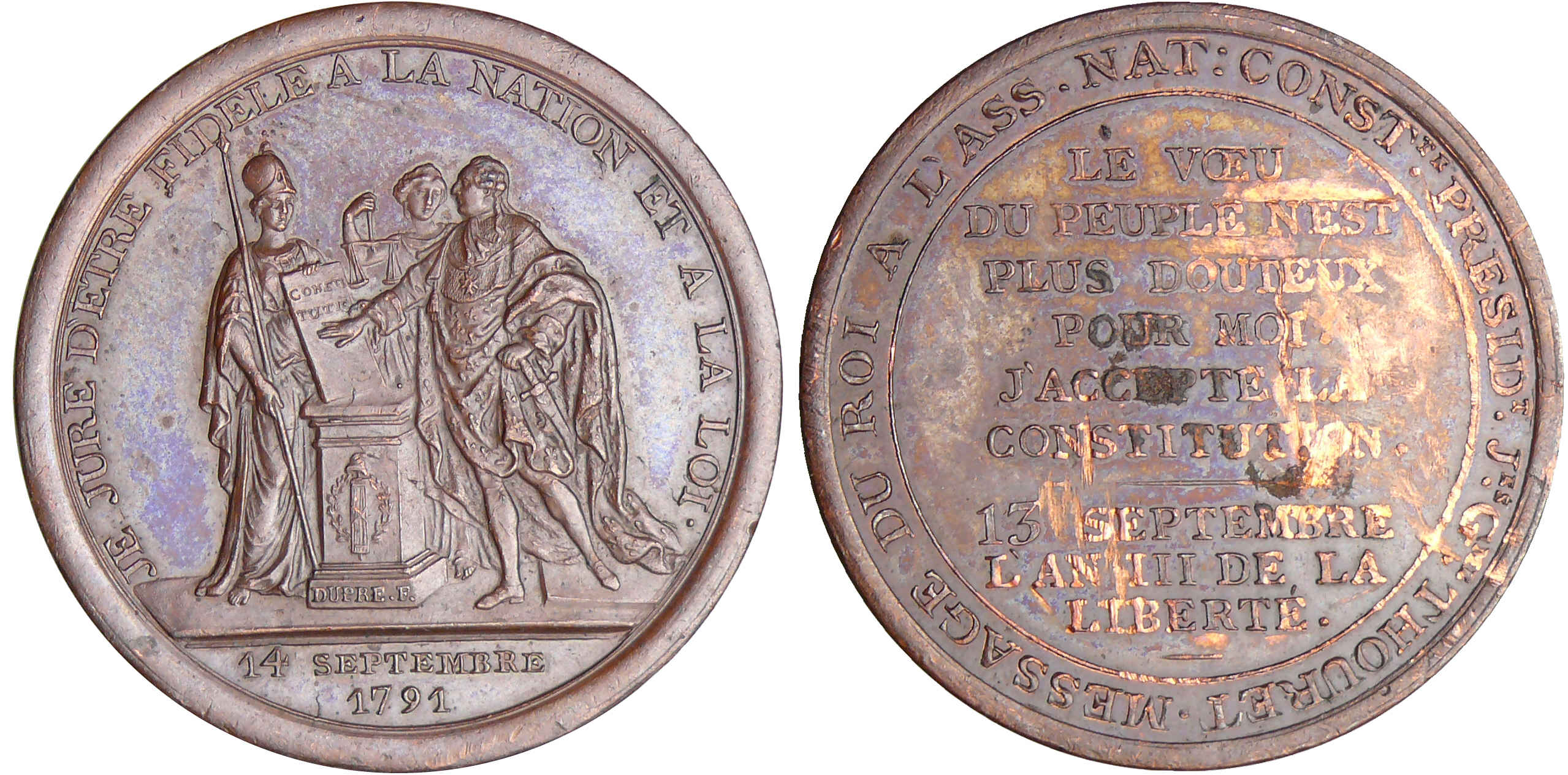 Constitution (1791-1792) - Médaille des frères Monneron "au Serment du Roi" - 1791 / AN III Constitution (1791-1792) - Médaille des frères Monneron "au Serment du Roi" - 1791 / AN III