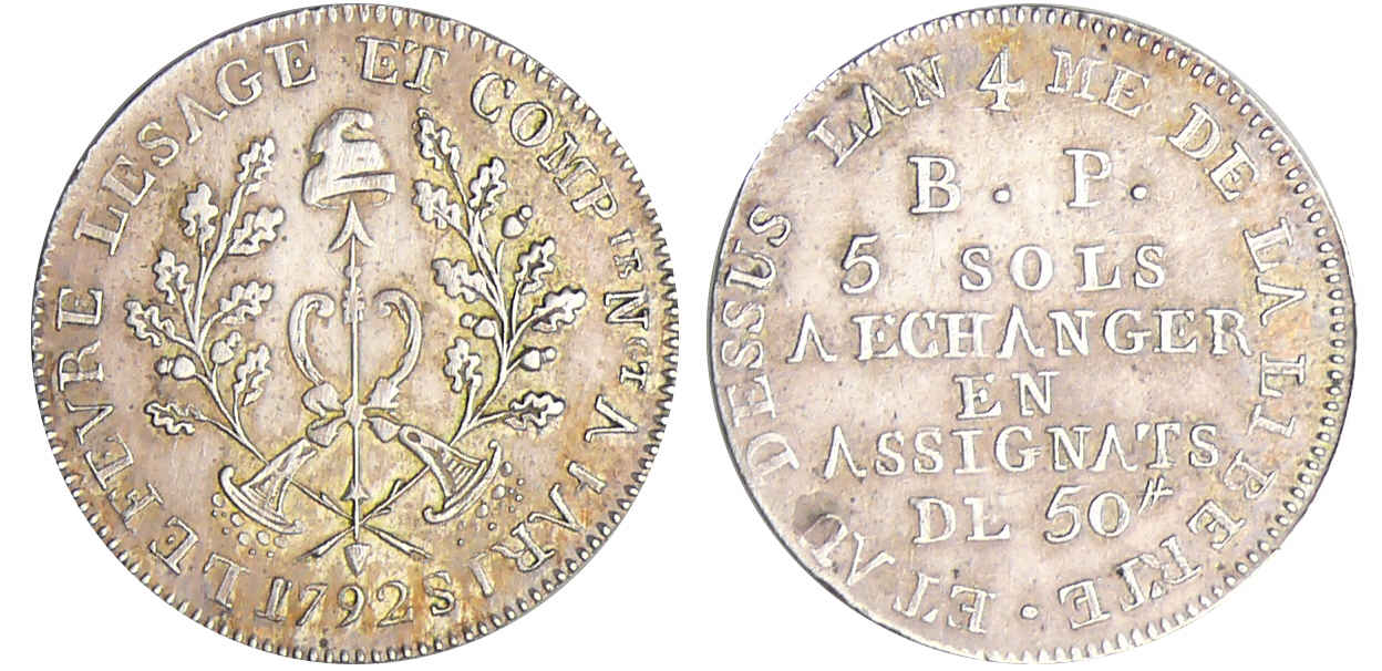 Constitution (1791-1792) - 5 sols de Lefèvre Lesage et Cie - 1792 / AN 4 Constitution (1791-1792) - 5 sols de Lefèvre Lesage et Cie - 1792 / AN 4