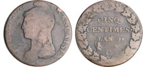 Directoire (1795-1799) - 5 centimes Dupré - grand module - An 9 G (Genève) hybride Directoire (1795-1799) - 5 centimes Dupré - grand module - An 9 G (Genève) hybride