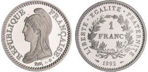 Cinquième république (1959- ) - 1 franc République 1992 platine