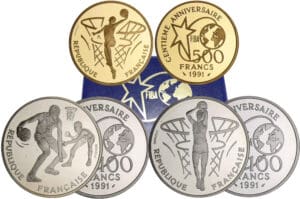 Cinquième république (1959- ) - Coffret du centenaire du Basket 3 monnaies - 1991 or et argent