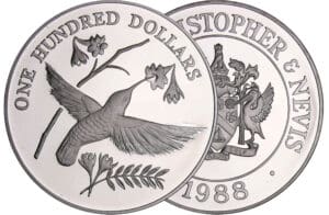 Saint Kitts et Nevis - Les oiseaux des Caraïbes - 100 dollars 1988 argent Saint Kitts et Nevis - Les oiseaux des Caraïbes - 100 dollars 1988 argent