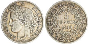 Deuxième république (1848-1852) - 5 francs Cérès 1849 BB (Strasbourg) Deuxième république (1848-1852) - 5 francs Cérès 1849 BB (Strasbourg)