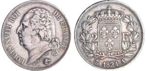 Louis XVIII (1815-1824) - 2 francs Louis XVIII au buste nu 1824 A (Paris) Louis XVIII (1815-1824) - 2 francs Louis XVIII au buste nu 1824 A (Paris)