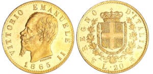 Italie - Vittorio Emanuele II (1849-1861) - 20 lire 1865 (Turin) flan bruni