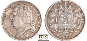 Louis XVIII (1815-1824) - 1 franc au buste nu 1819 H (La Rochelle) Louis XVIII (1815-1824) - 1 franc au buste nu 1819 H (La Rochelle)