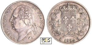 Louis XVIII (1815-1824) - 1 franc au buste nu 1824 H (La Rochelle) Louis XVIII (1815-1824) - 1 franc au buste nu 1824 H (La Rochelle)