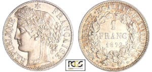 Troisième république (1871-1940) - 1 franc Cérès 1872 A (Paris) petit A Troisième république (1871-1940) - 1 franc Cérès 1872 A (Paris) petit A