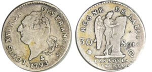 Constitution (1791-1792) - 30 sols type FRANCOIS 1793 Q (Perpignan) Constitution (1791-1792) - 30 sols type FRANCOIS 1793 Q (Perpignan)
